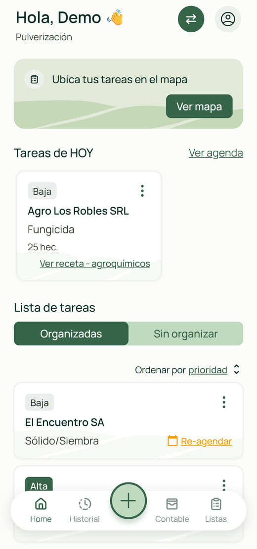 Agenda móvil de trabajos de pulverización en Lazo